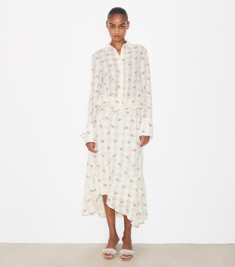 Tory Burch designer bottoms Embroidered Linen Skirt in Ivory Embroidered Gingham on model front