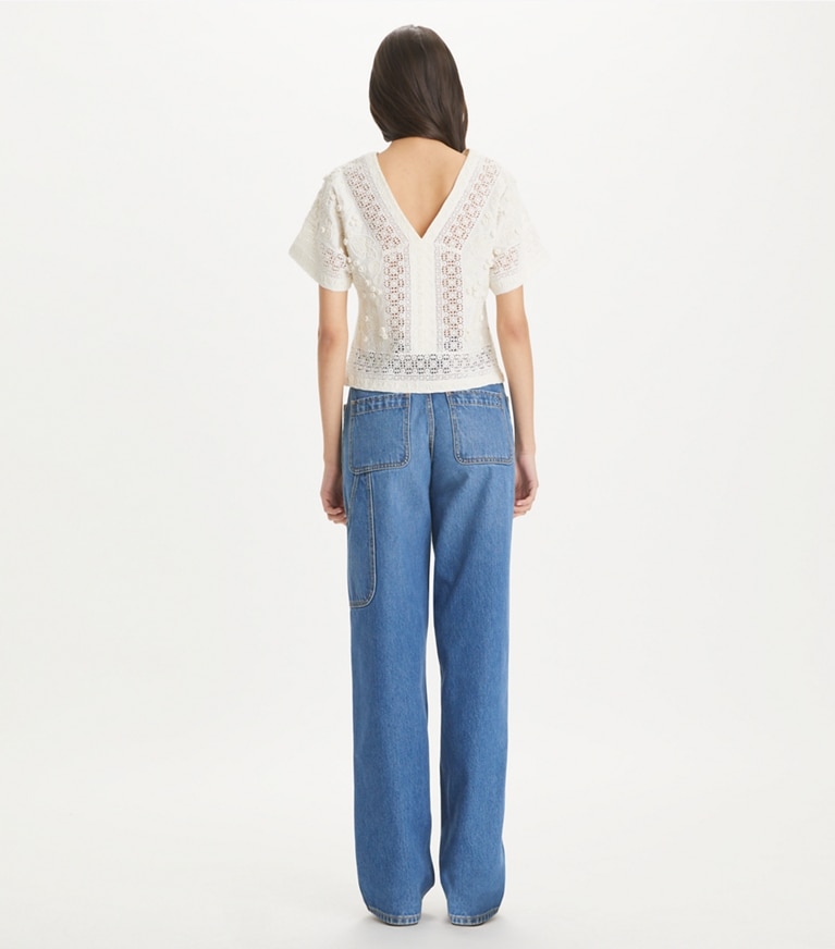 Tory Burch designer tops Embroidered Linen Top in Natural Ivory front