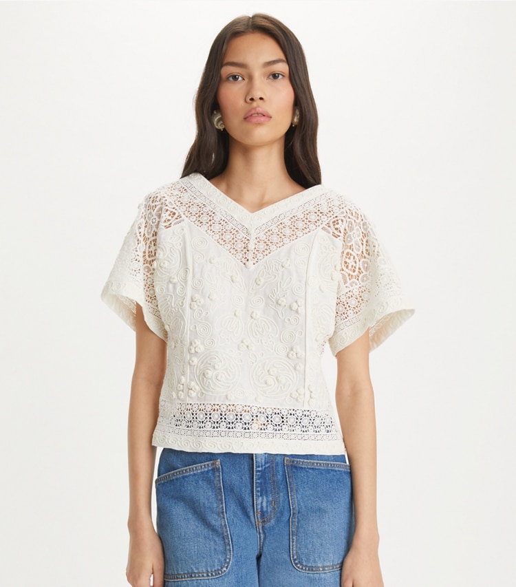 Tory Burch designer tops Embroidered Linen Top in Natural Ivory on model detail