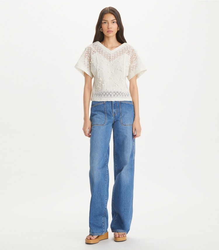 Tory Burch designer tops Embroidered Linen Top in Natural Ivory on model front