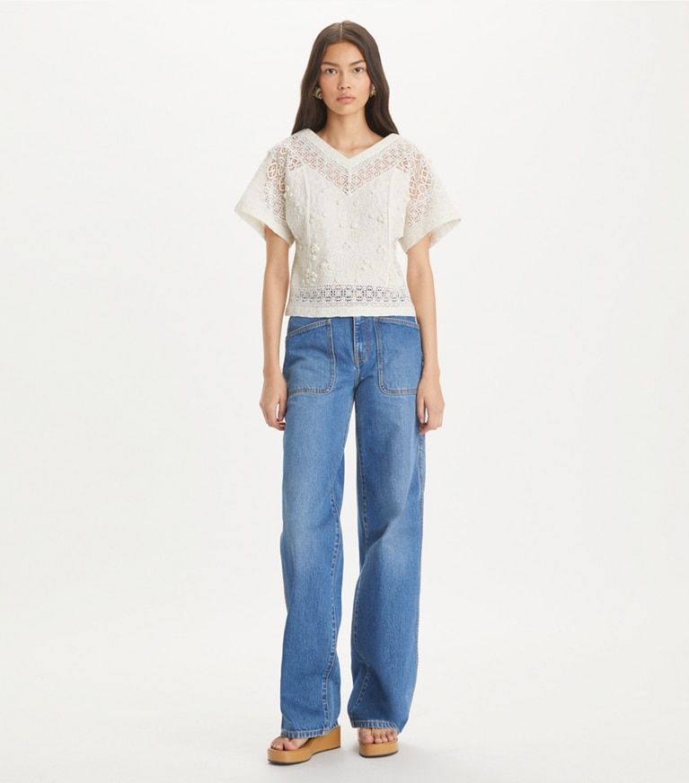 Tory Burch designer tops Embroidered Linen Top in Natural Ivory front