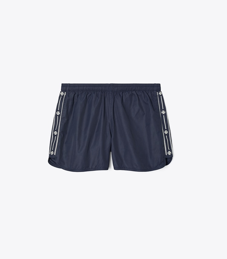Tory Sport designer bottoms Embroidered Logo Nylon Short in Deep Navy front