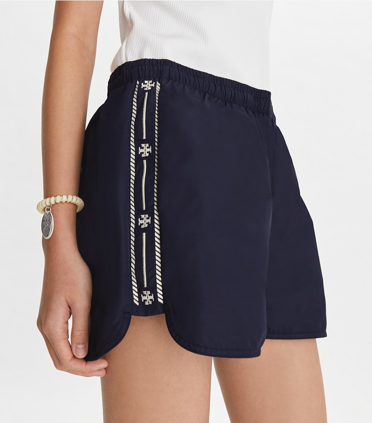 Tory Sport designer bottoms Embroidered Logo Nylon Short in Deep Navy front