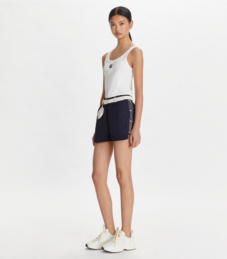 Tory Sport designer bottoms Embroidered Logo Nylon Short in Deep Navy front