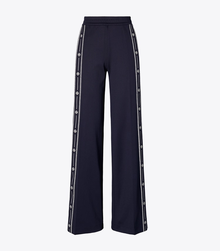 Tory Sport designer bottoms Embroidered Logo Nylon Track Pant in Deep Navy front