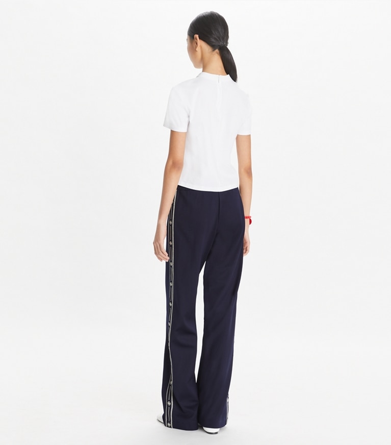 Tory Sport designer bottoms Embroidered Logo Nylon Track Pant in Deep Navy front