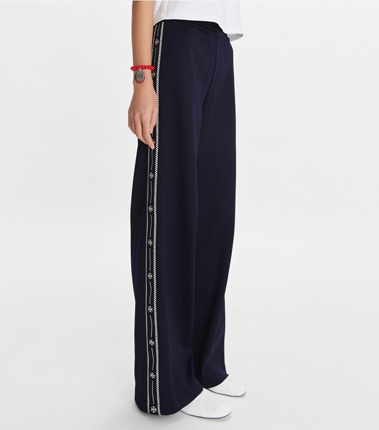 Tory Sport designer bottoms Embroidered Logo Nylon Track Pant in Deep Navy front