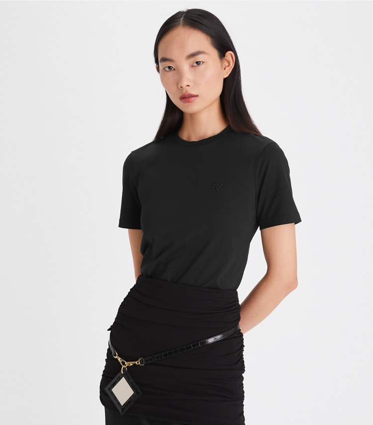 Tory Burch designer tops Embroidered Logo T-Shirt in Black on model detail