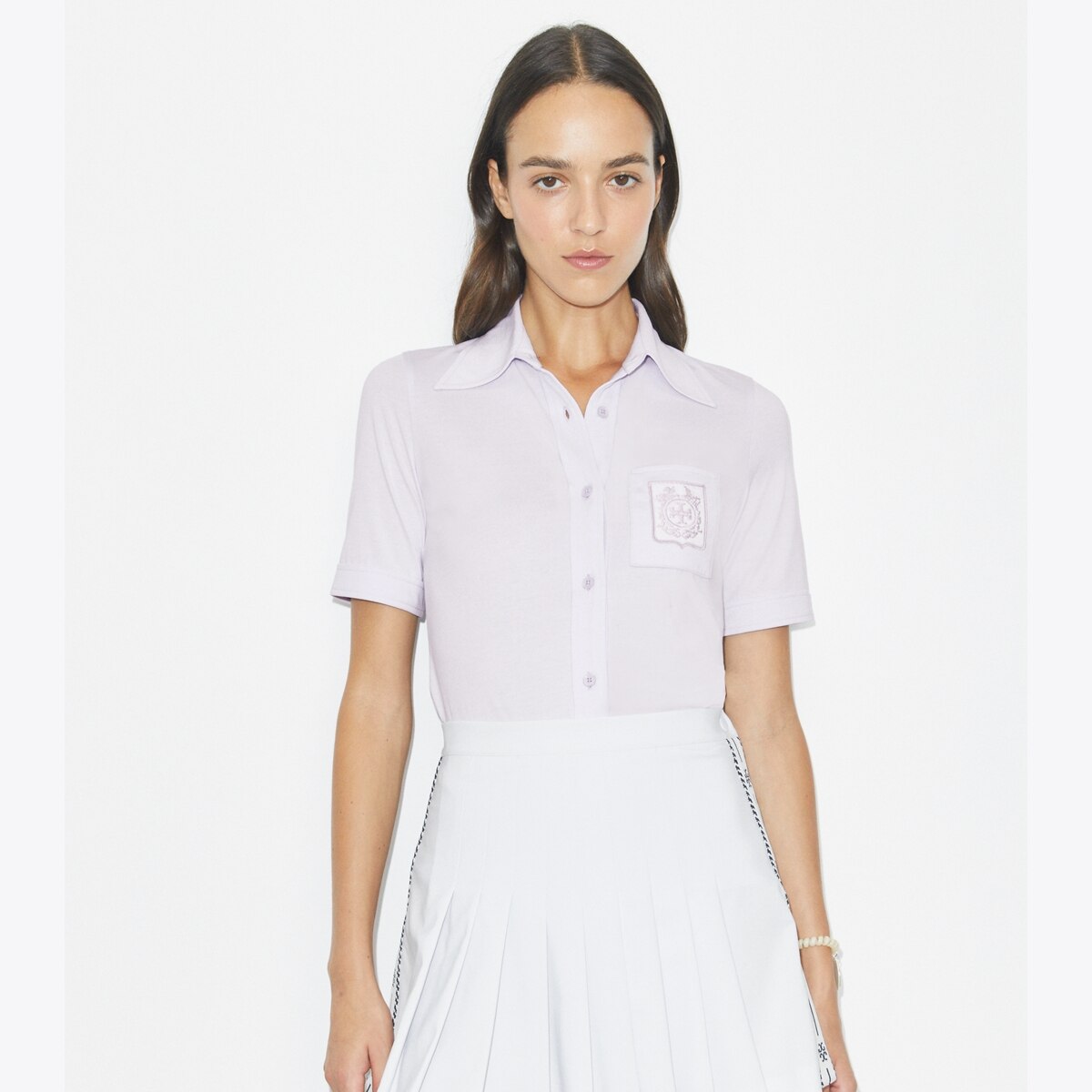 Embroidered Mercerized Cotton Polo: Women's Designer Tops