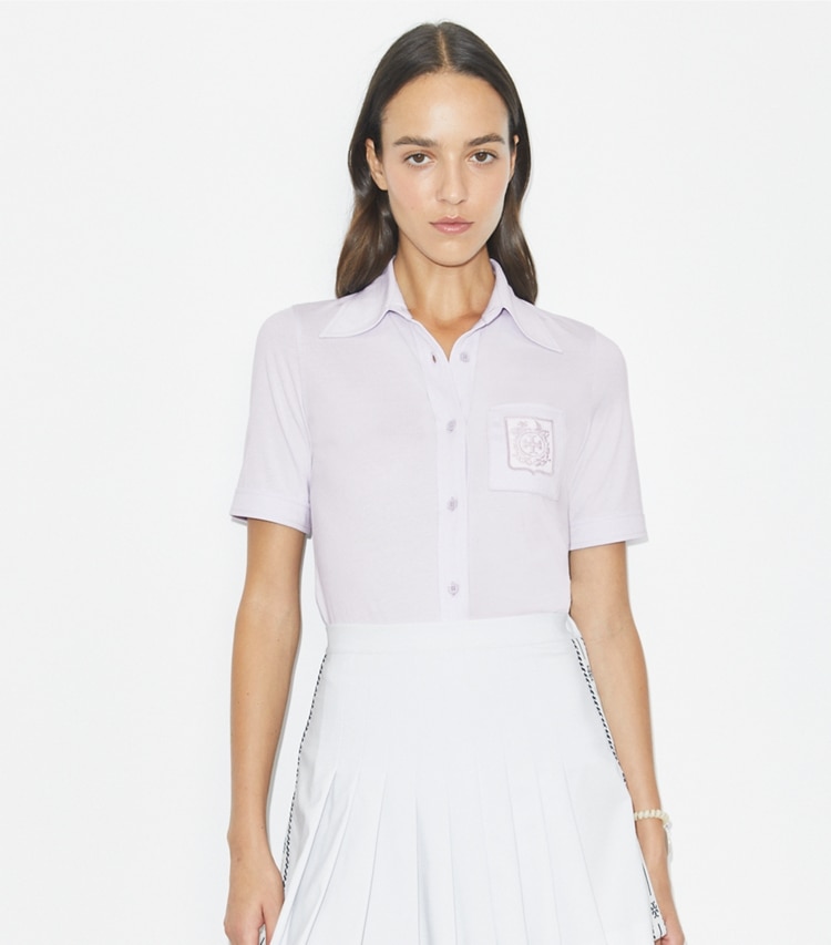 Tory Burch designer tops Embroidered Mercerized Cotton Polo in Hazy Lavender on model detail