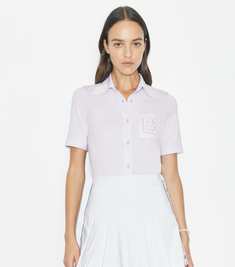 Tory Burch designer tops Embroidered Mercerized Cotton Polo in Hazy Lavender front