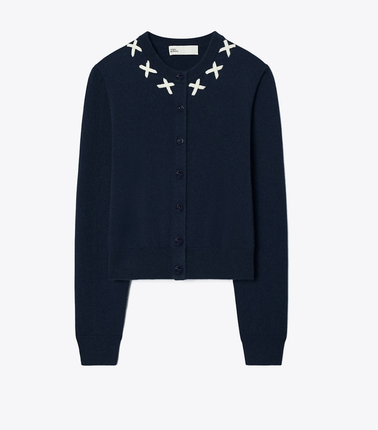 Tory Burch designer sweaters Embroidered Merino and Cashmere Cardigan in Navy / White front