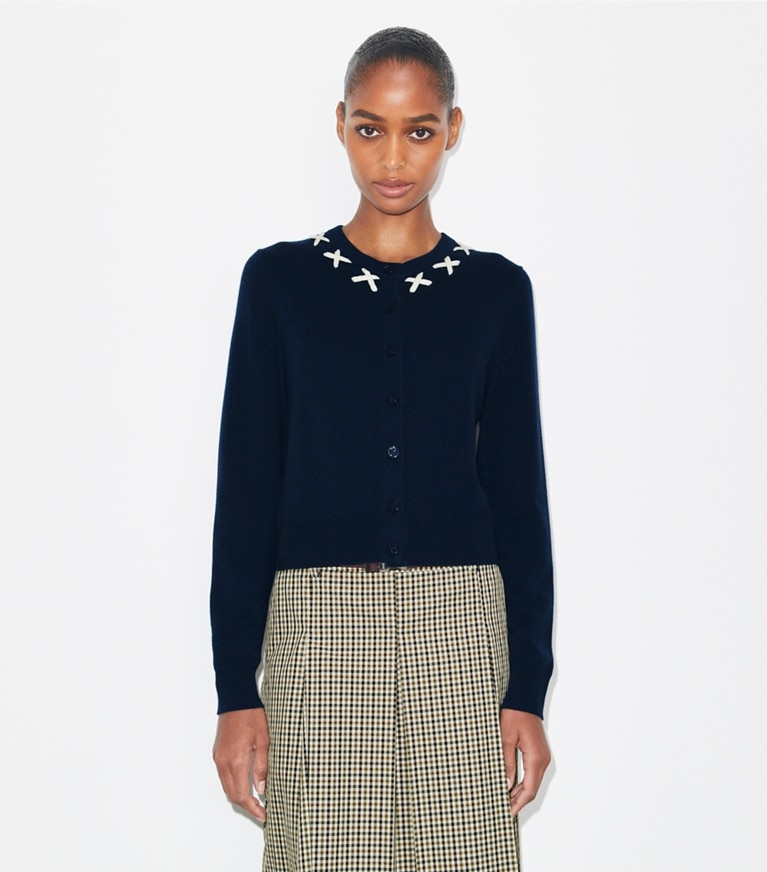 Tory Burch designer sweaters Embroidered Merino and Cashmere Cardigan in Navy / White front