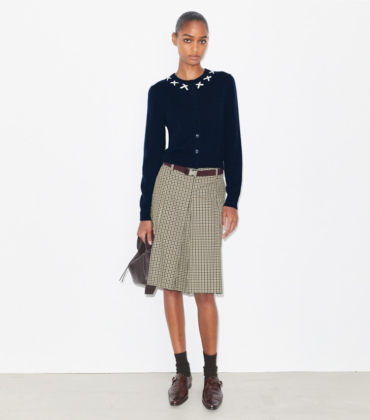 Tory Burch designer sweaters Embroidered Merino and Cashmere Cardigan in Navy / White on model front