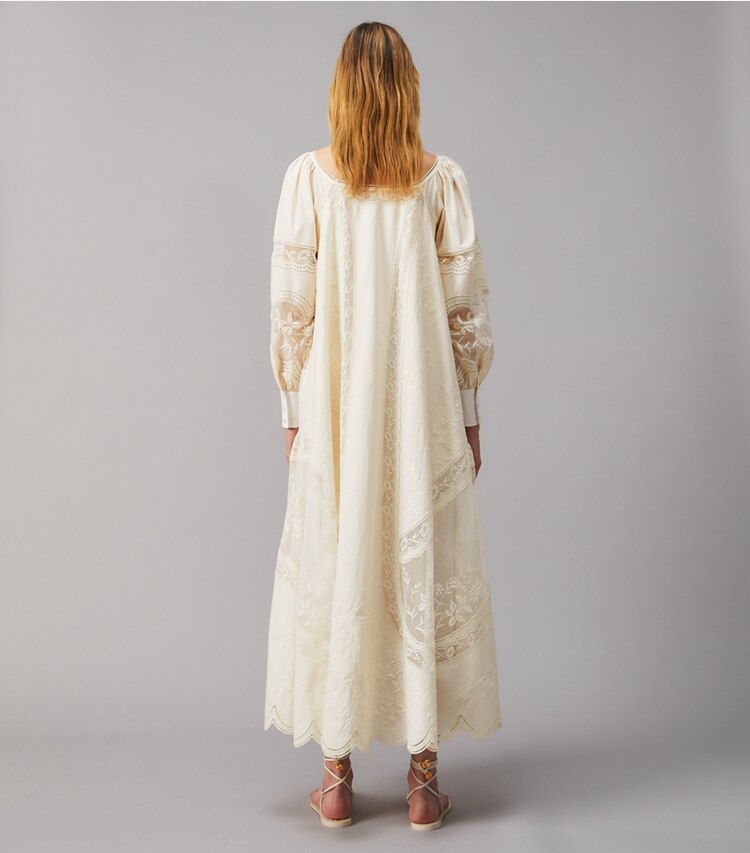 Tory Burch designer dresses Embroidered Poplin Dress in NEW IVORY on model back