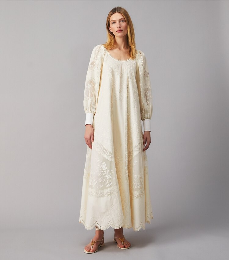 Tory Burch designer dresses Embroidered Poplin Dress in NEW IVORY on model front