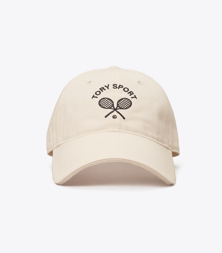 Tory Sport designer hats Embroidered Racquets Cap in Ivory Pearl angle