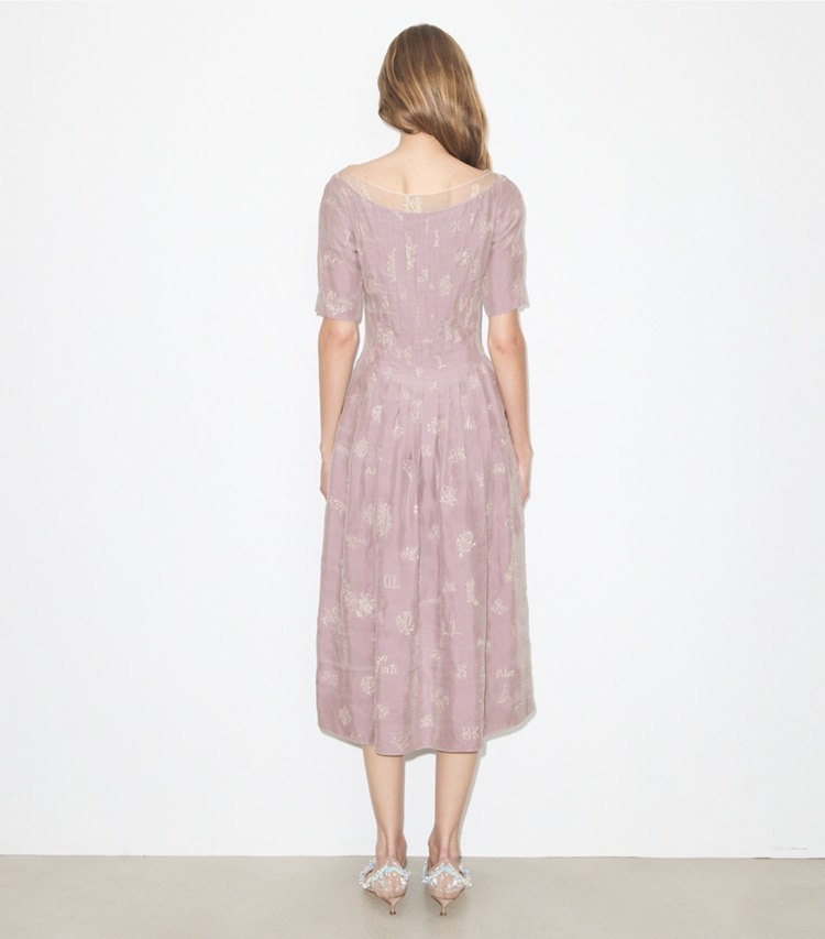 Tory Burch designer dresses Embroidered Silk Dress in Lilac on model back