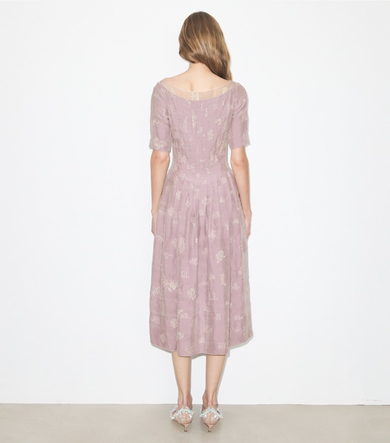 Tory Burch designer dresses Embroidered Silk Dress in Lilac on model back