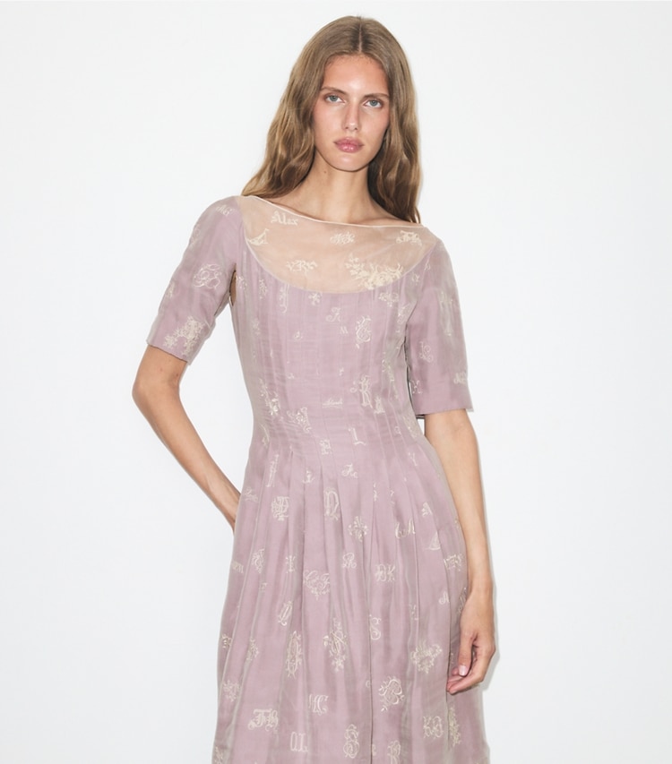 Tory Burch designer dresses Embroidered Silk Dress in Lilac on model detail