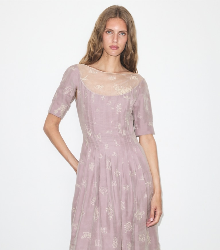Tory Burch designer dresses Embroidered Silk Dress in Lilac on model detail