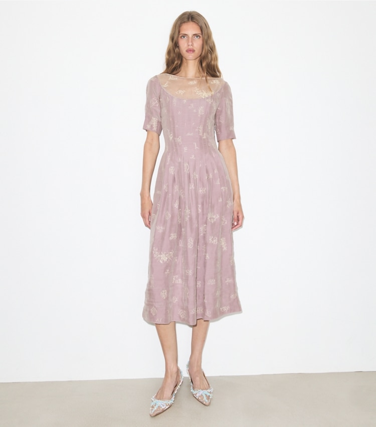 Tory Burch designer dresses Embroidered Silk Dress in Lilac on model front