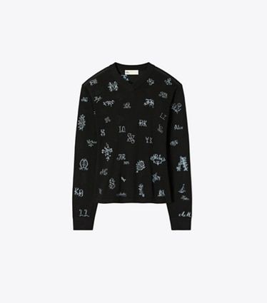 Tory Burch designer sweaters Embroidered Silk Sweater in BLACK front