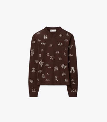 Tory Burch designer sweaters Embroidered Silk Sweater in Dark Toffee Brown front
