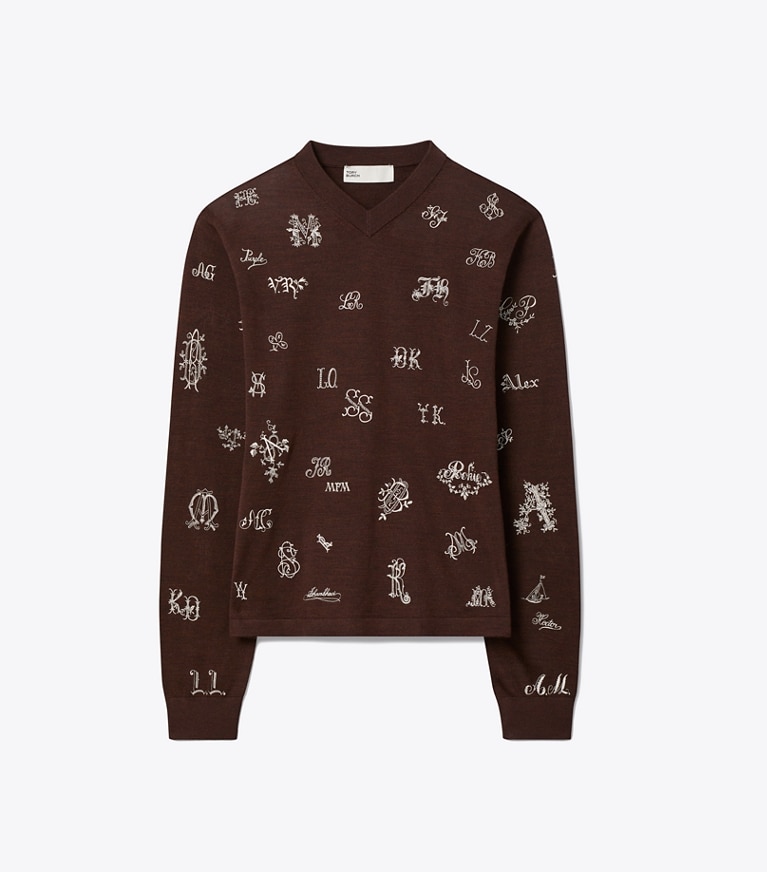 Tory Burch designer セーター エンブロイダリー シルクセーター in Dark Toffee Brown front