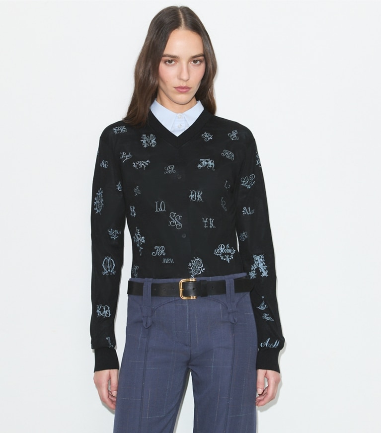 Tory Burch designer sweaters Embroidered Silk Sweater in BLACK on model detail