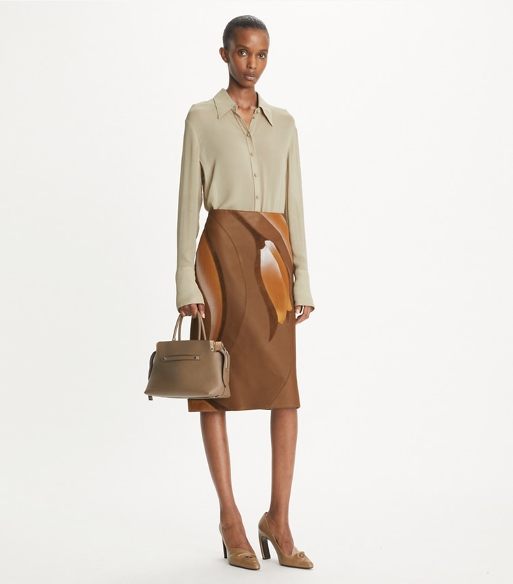 Tory Burch designer bottoms Embroidered Skirt in Coffee on model front