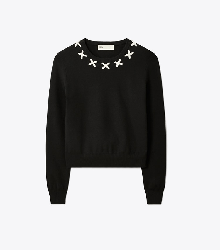 Tory Sport designer sweaters Embroidered Wool Sweater in Black front