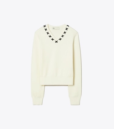 Tory Burch designer sweaters Embroidered Wool Sweater in NEW IVORY front