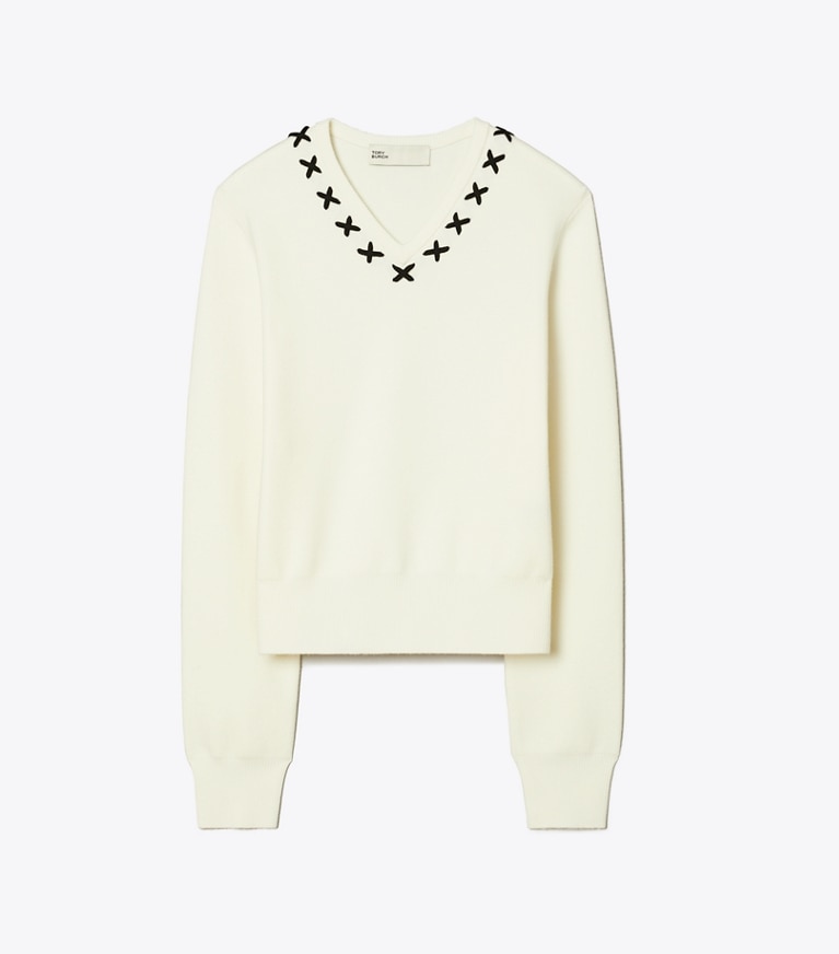Tory Burch designer sweaters Embroidered Wool Sweater in NEW IVORY front