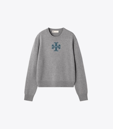 Tory Burch designer セーター エンブロイダリー ウールセーター in Medium Heather Gray front