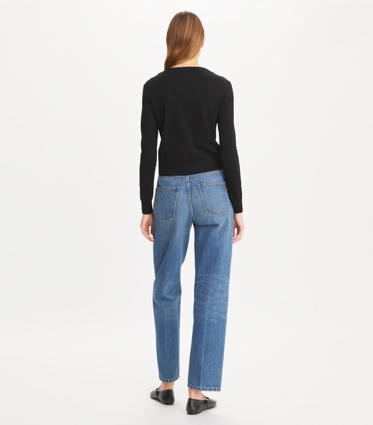 Tory Sport designer sweaters Embroidered Wool Sweater in Black front