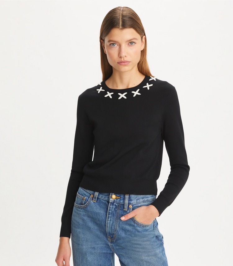 Tory Sport designer sweaters Embroidered Wool Sweater in Black on model detail