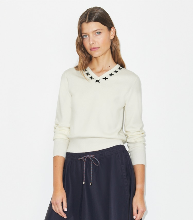 Tory Burch designer sweaters Embroidered Wool Sweater in NEW IVORY on model detail