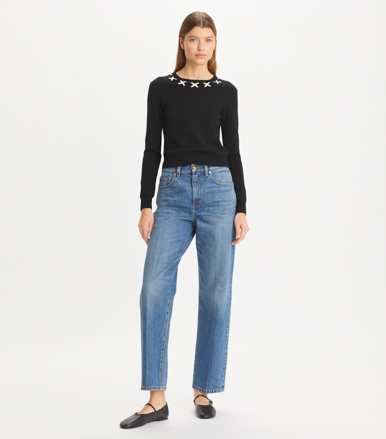 Tory Sport designer sweaters Embroidered Wool Sweater in Black front
