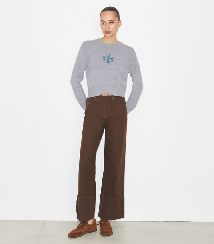 Tory Burch designer セーター エンブロイダリー ウールセーター in Medium Heather Gray モデル前面