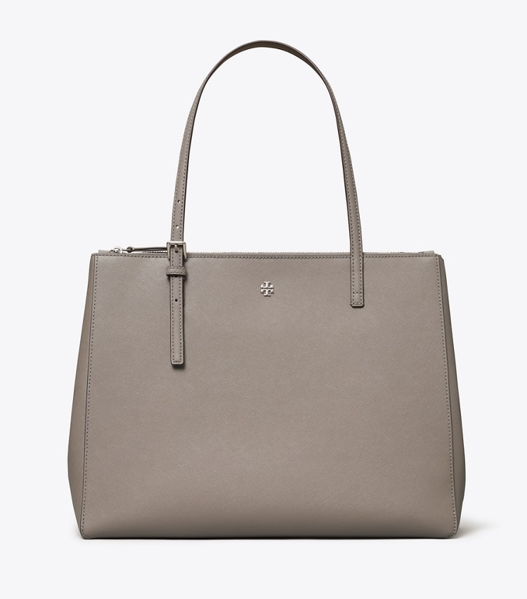 Tory Burch designer tote bags Emerson Large Double Zip Tote in Gray Heron front