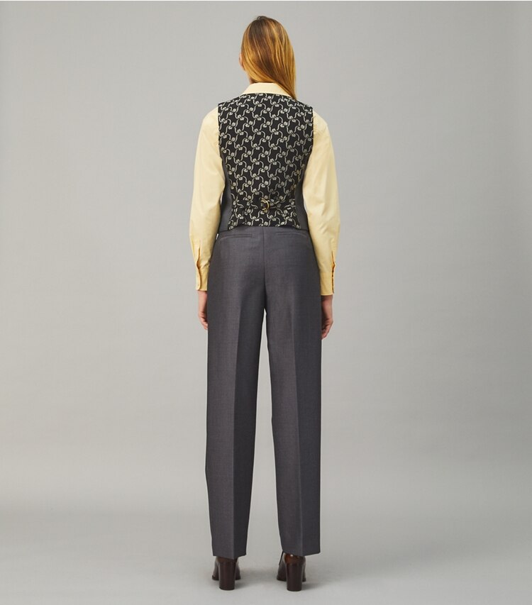 Tory Burch designer coats English Mohair Vest in DARK GREY CHARCOAL on model back
