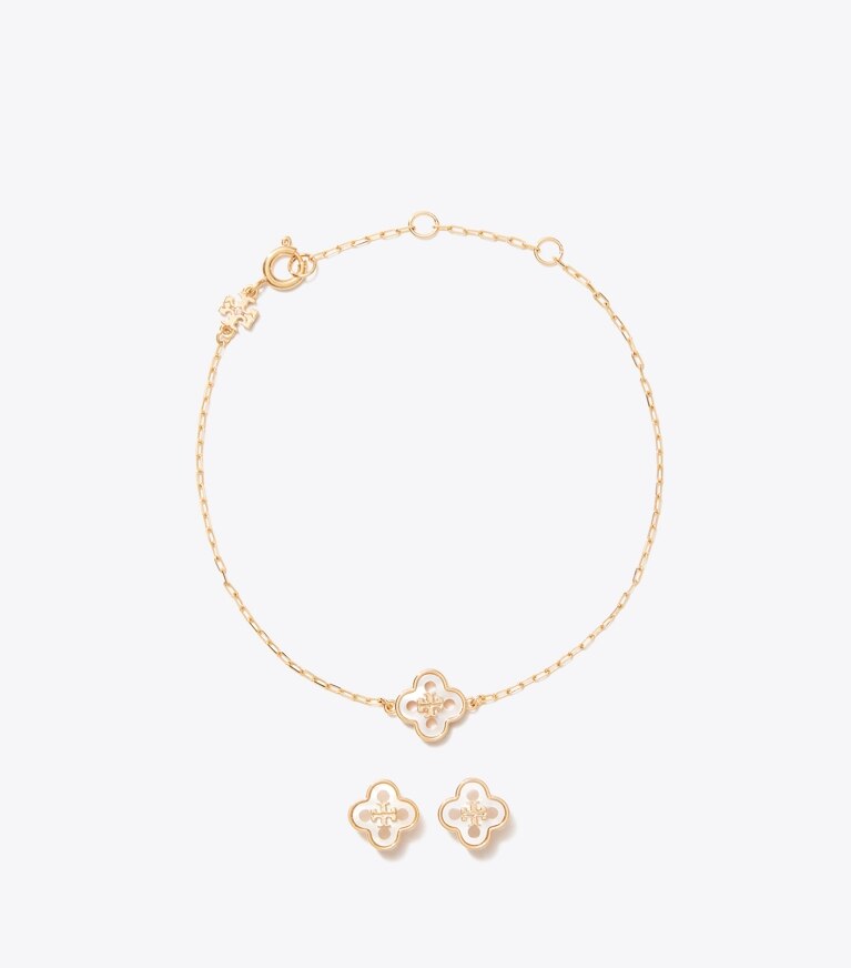 Tory Burch designer boites à bijoux Ensemble-cadeau bracelet et boucles d’oreilles Forget Me Not dans Tory Gold / Mother of Pearl de face