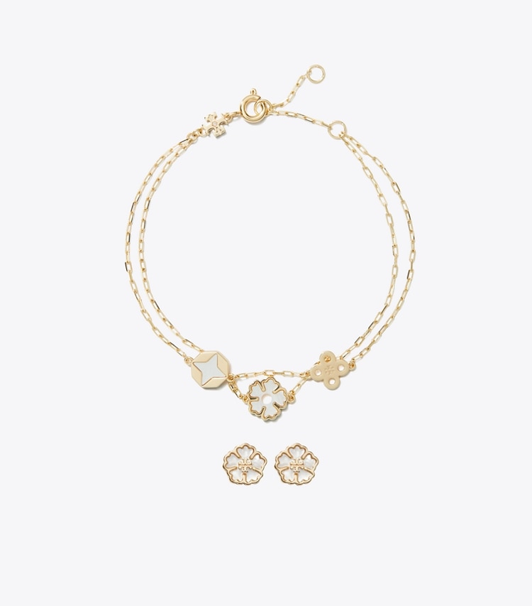 Tory Burch designer boites à bijoux Ensemble-cadeau bracelet et boucles d'oreilles Forget Me Not dans Tory Gold / Mother of Pearl de face