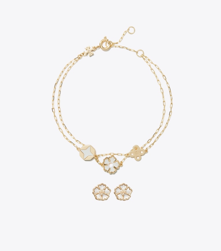 Tory Burch designer boites à bijoux Ensemble-cadeau bracelet et boucles d'oreilles Forget Me Not dans Tory Gold / Mother of Pearl de face