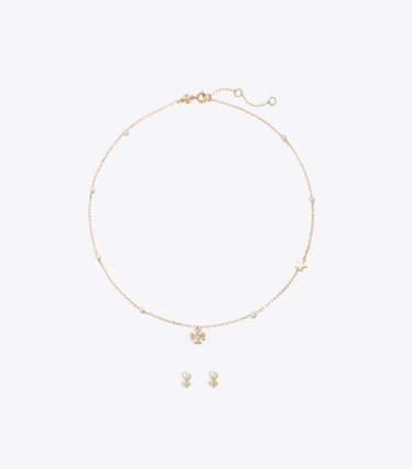 Tory Burch designer boites à bijoux Ensemble-cadeau collier et boucles d’oreilles Moondance dans Tory Gold / Cream / Crystal de face