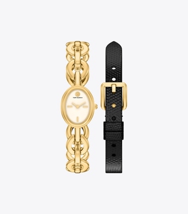 Tory Burch designer montres bracelet Ensemble-cadeau de petite montre ovale dans IVORY/GOLD/BLACK de face