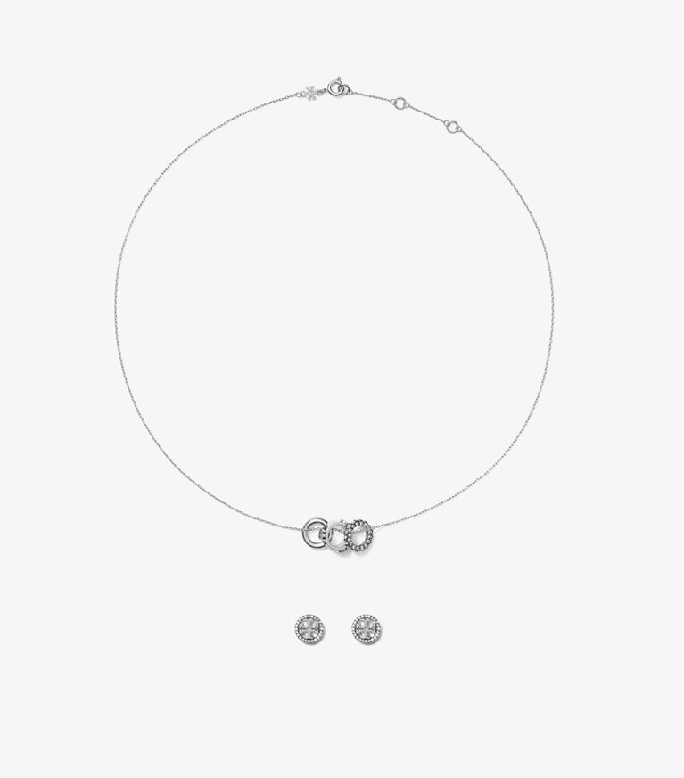 Tory Burch designer boites à bijoux Ensemble collier et boucles d'oreilles Icon Pavé dans Tory Silver / Crystal de face
