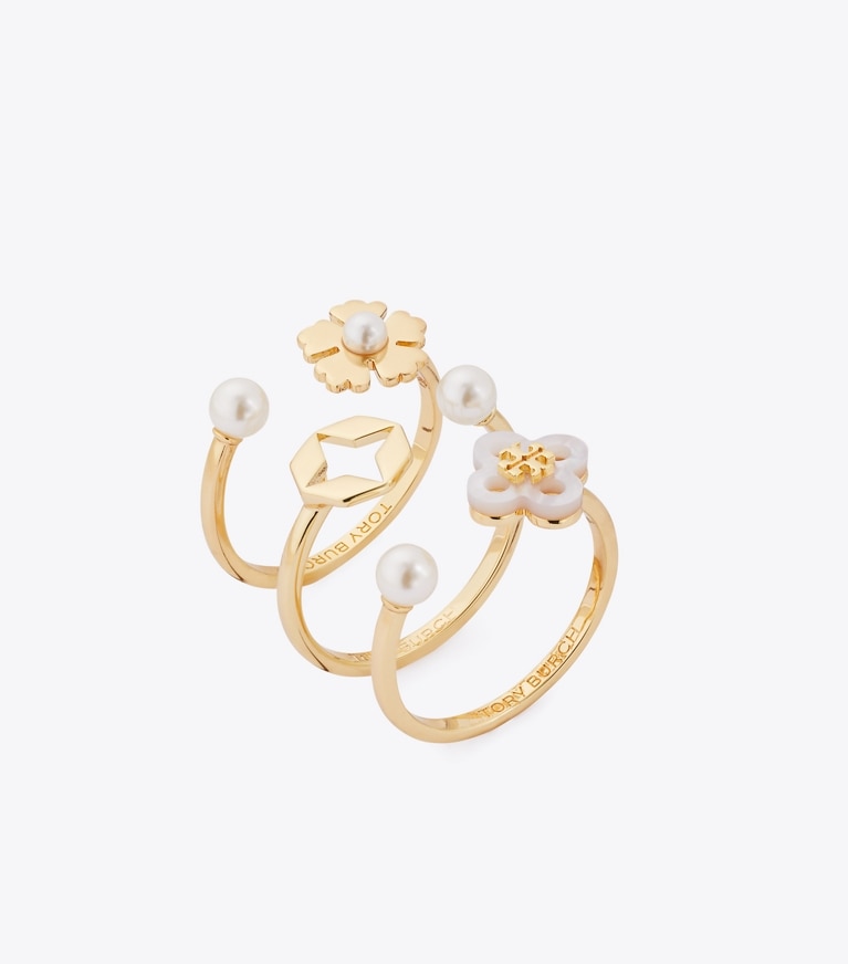 Tory Burch designer bagues Ensemble de bagues à superposer Forget Me Not dans Tory Gold / Mother of Pearl / Cream angle