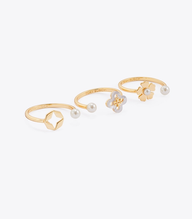 Tory Burch designer bagues Ensemble de bagues à superposer Forget Me Not dans Tory Gold / Mother of Pearl / Cream détails